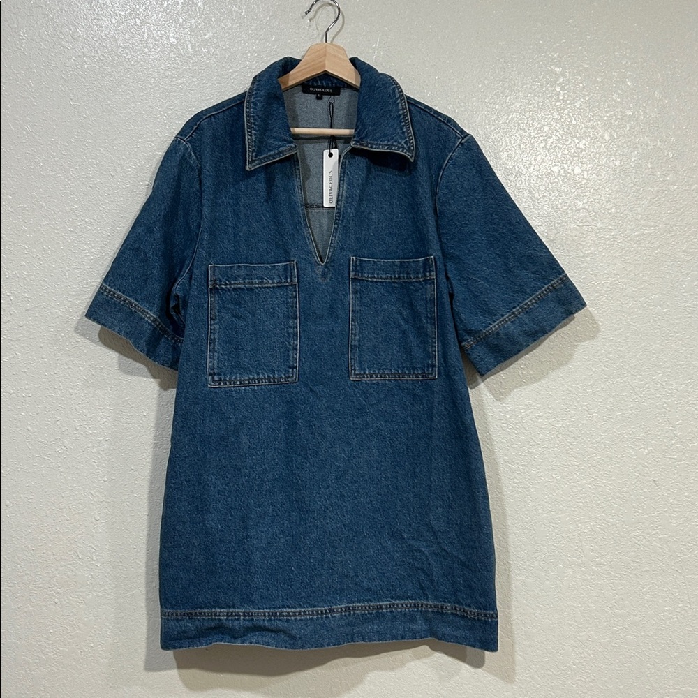 OLIVACEOUS  WOMENS COLLARED  DENIM MINI DRESS SZ LG NEW